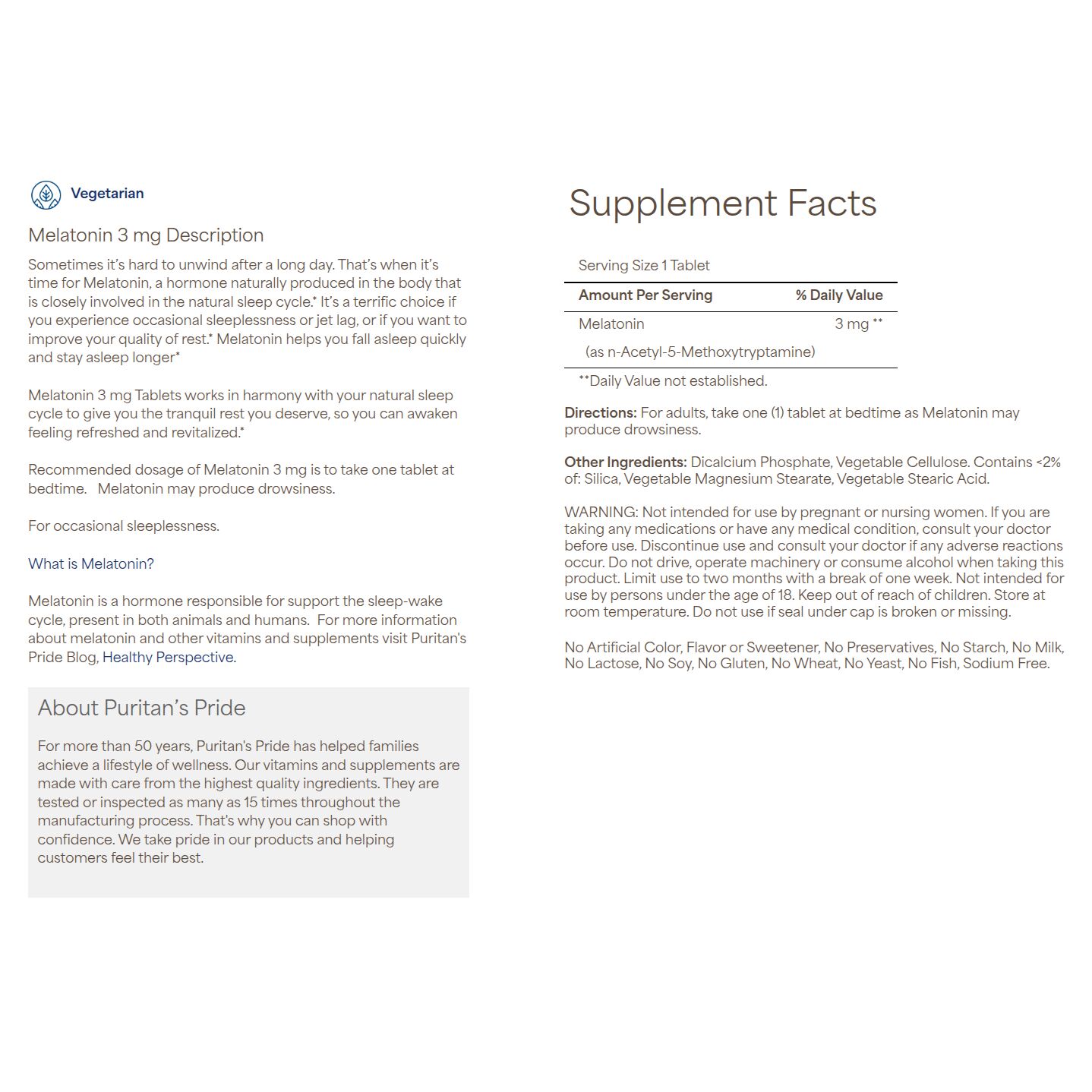 Puritans Pride Melatonin 3 mg (120 Tablets) – Kép 3