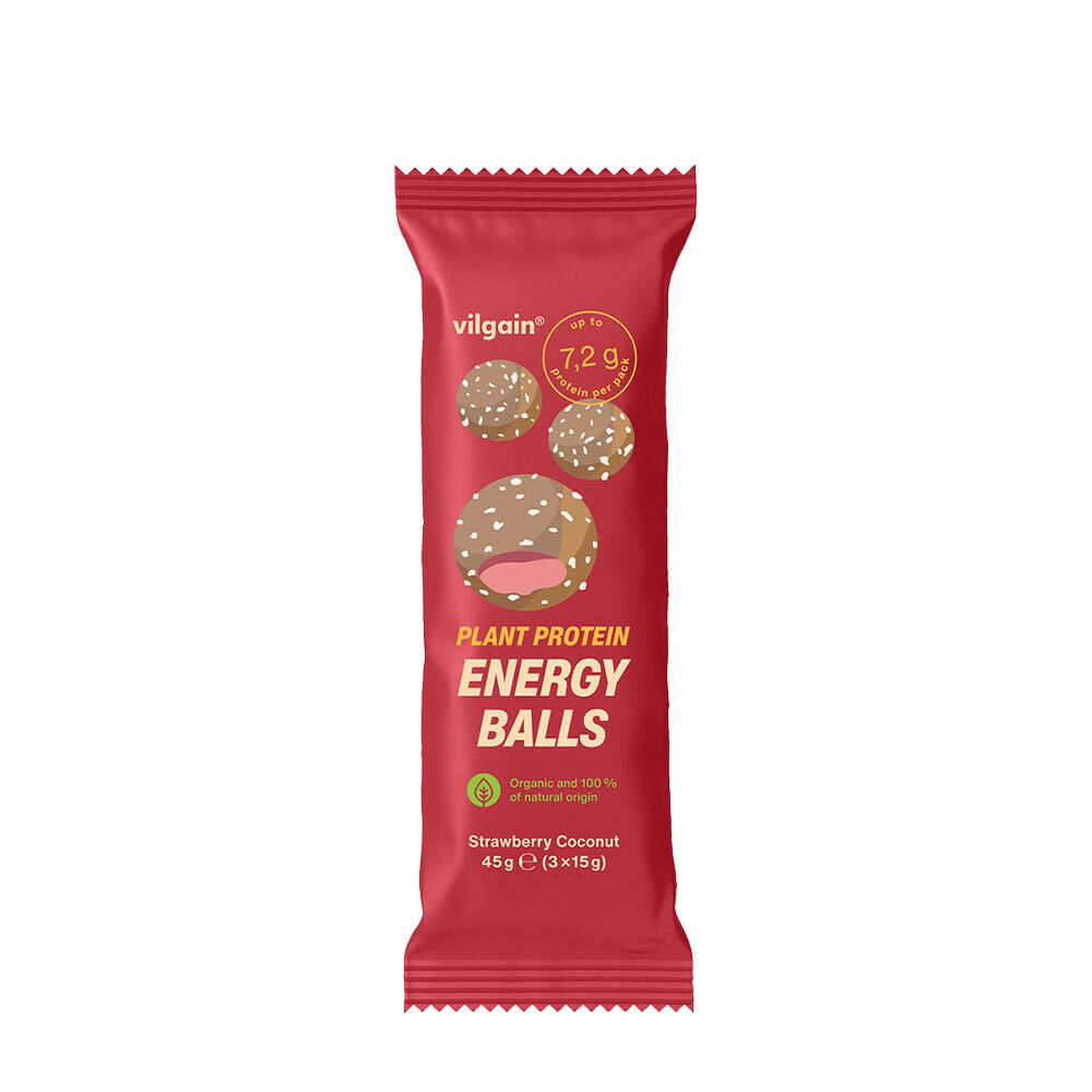 Vilgain növényi fehérjés energialabdák BIO eper-kókusz (45 g) - Viking Supplements